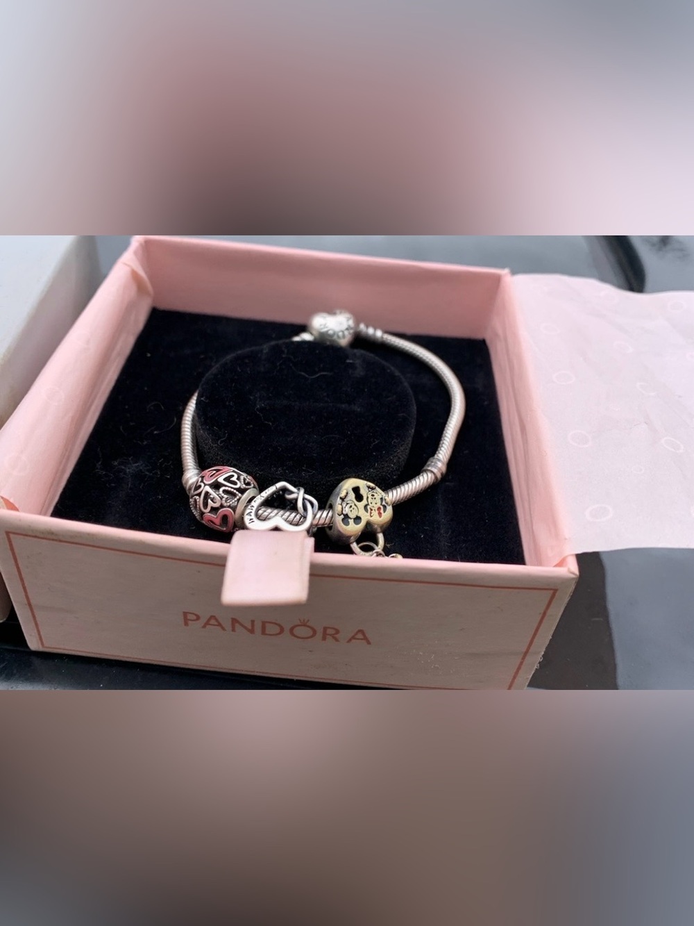 Pandora Silver Bracelet with Pink and Gold Heart Accents